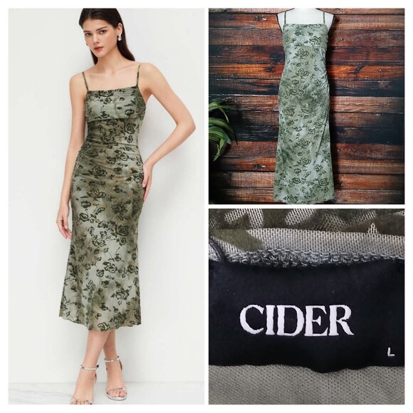 Cider Dresses & Skirts - NWT Cider Midi Dress L Olive Green Floral Ruched Stretch